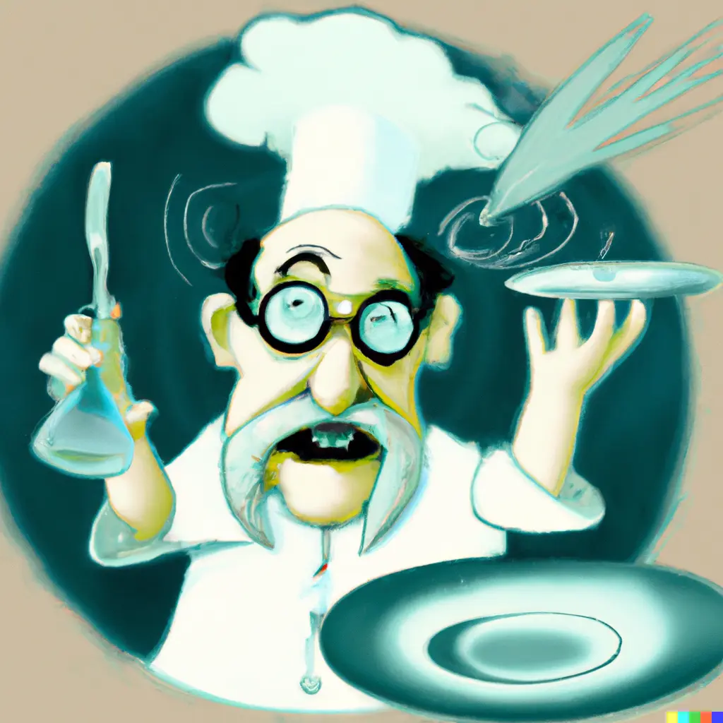 mad scientist chef with a dinner plate created with DALL-E