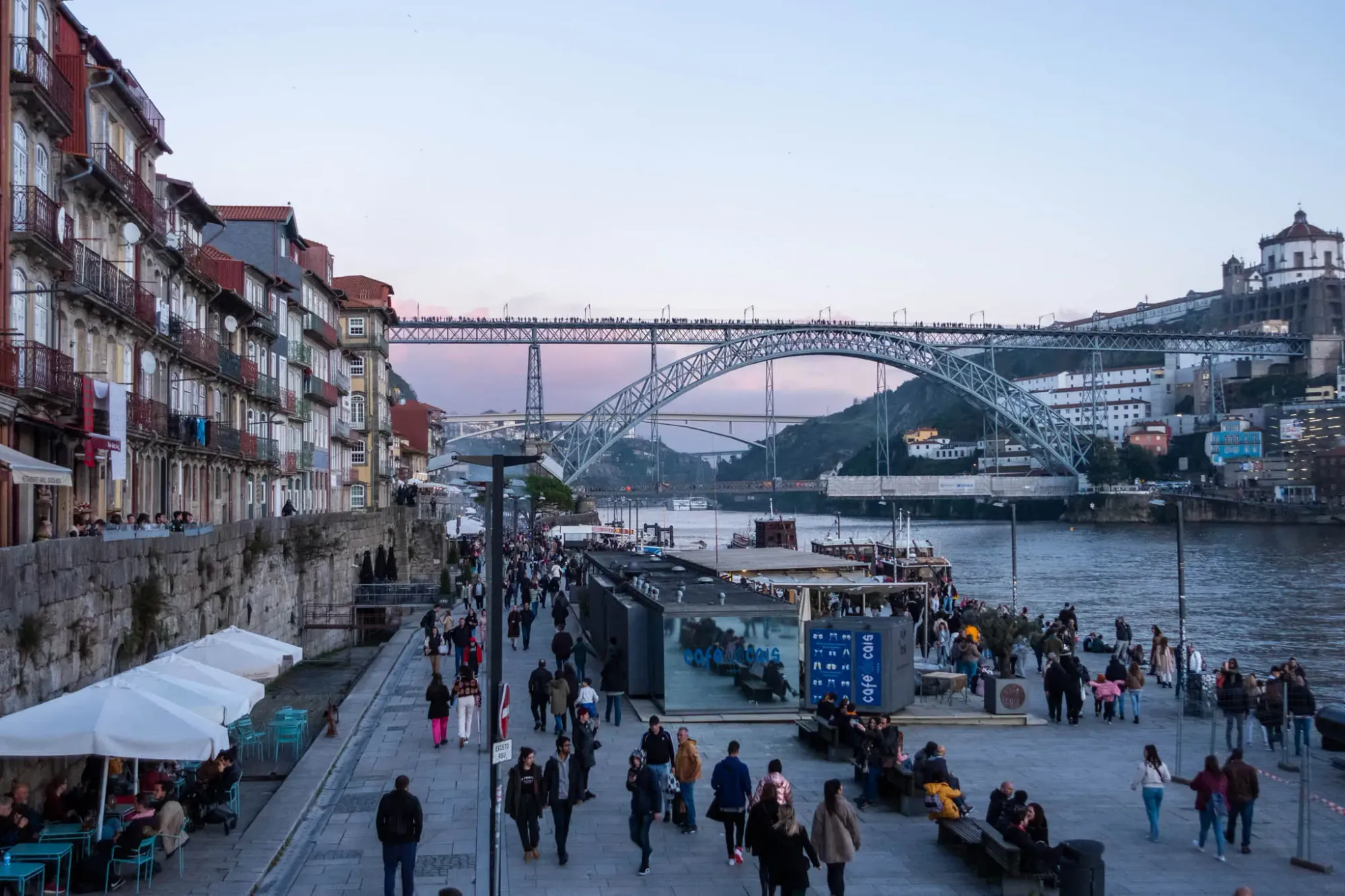 A view of the Luís I Bridge and the waterfront in Porto